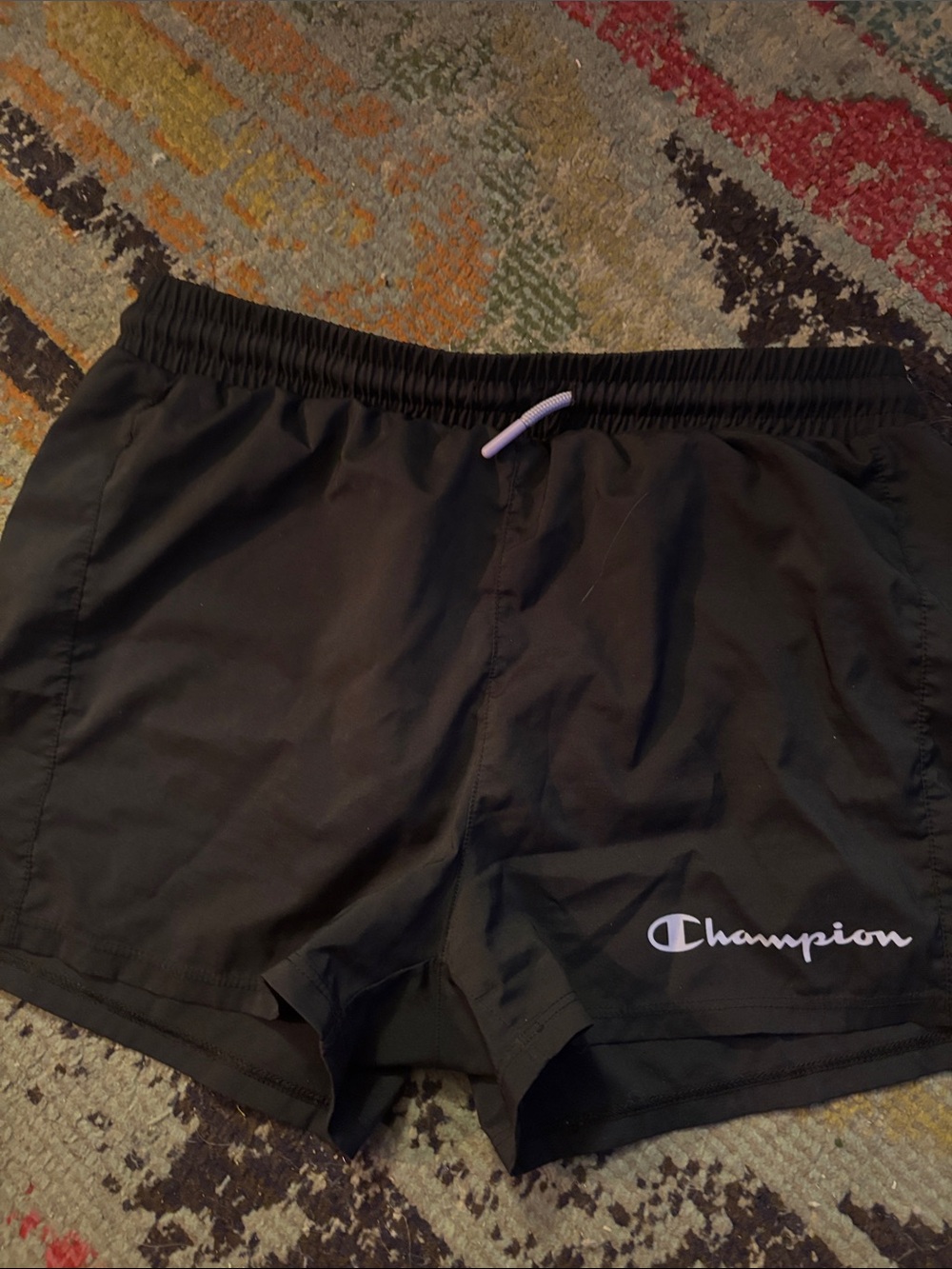 Champion Black Shorts with White Logo and Lavender Drawcord